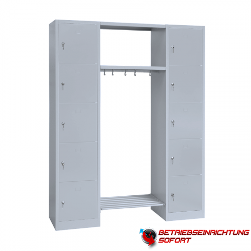 Stahl-Schließfach-Garderobe 10 Fächer stabile Stahlblechkonstruktion, links und rechts jeweils 5 Fächer, 1 Mittelteil mit Kleiderstange 800 mm breit,