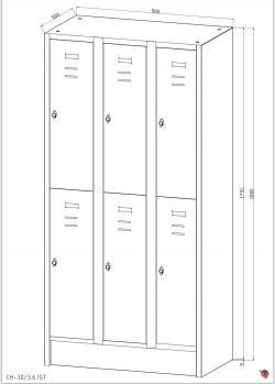 Stahl-Fächer-Schrank, 3 Abteile, 2 Fächer übereinander, auf Sockel. Anzahl der Fächer: 6, Abteilbreite 300 mm - sofort lieferbar!