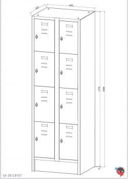 Stahl-Fächer-Schrank- 2 Abteile, 4 Fächer übereinander, auf Sockel. Anzahl der Fächer: 8 Fächer ohne Inneneinteilung. Abteilbreite 300 mm. Sofort lieferbar!