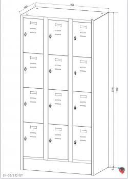 Stahl-Fächer-Schrank 3 Abteile, 4 Fächer übereinander, auf Sockel. Anzahl der Fächer: 12 Fächer ohne Inneneinteilung. Abteilbreite 300 mm