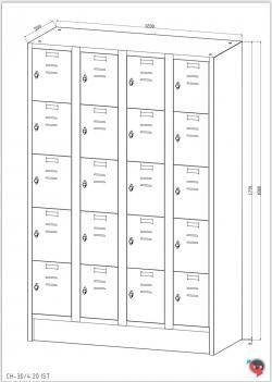 Stahl-Fächer-Schrank - 4 Abteile, 5 Fächer übereinander, auf Sockel. Anzahl der Fächer: 20 Fächer ohne Inneneinteilung. Abteilbreite 300 mm - sofort lieferbar