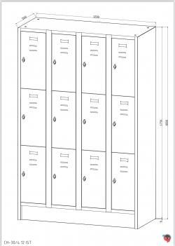 Artikel Nr. 520342 - Stahl-Fächer-Schrank - 4 Abteile, 3 Fächer übereinander, auf Sockel. Anzahl der Fächer: 12, Fächer ohne Inneneinteilung. Abteilbreite 300 mm