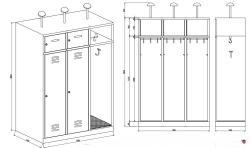 Feuerwehrschrank Serie Budget - Komplettset mit Türen und Füssen ! 3 Abteile  je oben 1 Wertfach unten für Mäntel und Ausrüstung - Helmhalter - Mass: 118,5 breit x 50 tief  x 190 cm hoch mit Füsse - Lieferzeit sofort ! Topseller- Preisstar ! 